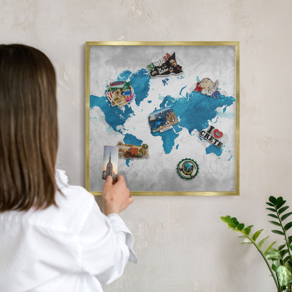 Magnettafel für Urlaubsmagnete in Goldrahmen Aquarellkarte
