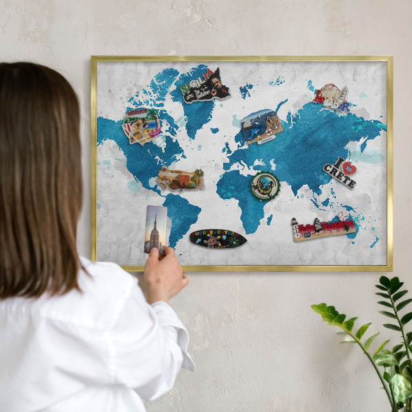 Magnettafel für Urlaubsmagnete in Goldrahmen Aquarellkarte