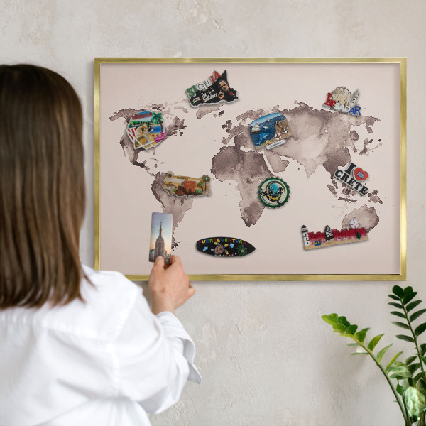 Magnettafel dekorativ bedruckt mit goldenem Rahmen Weltkarte