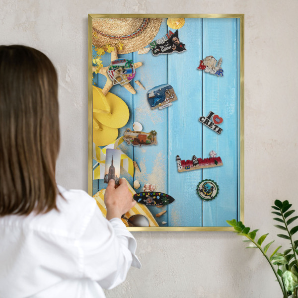 Magnettafel für Urlaubsmagnete in Goldrahmen Strandatmosphäre