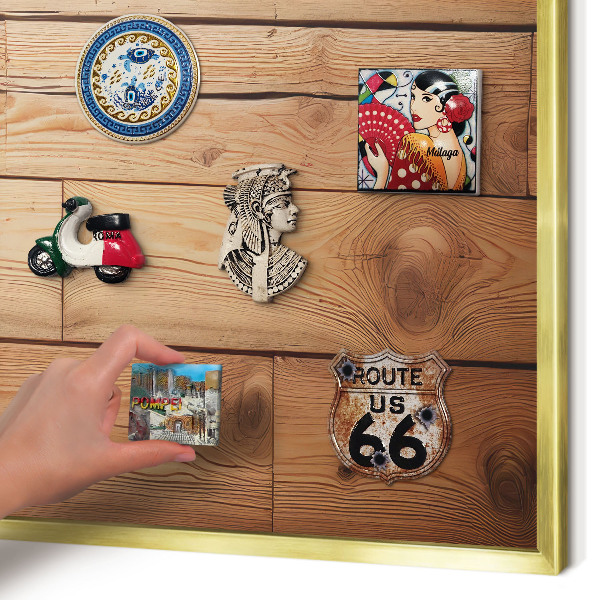 Magnettafel für Urlaubsmagnete in Goldrahmen Holzbretter