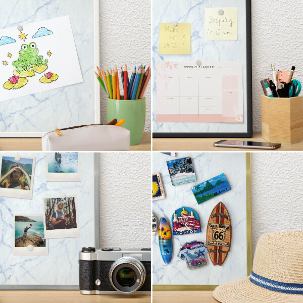 Magnettafel für Urlaubsmagnete in Goldrahmen Marmordesign