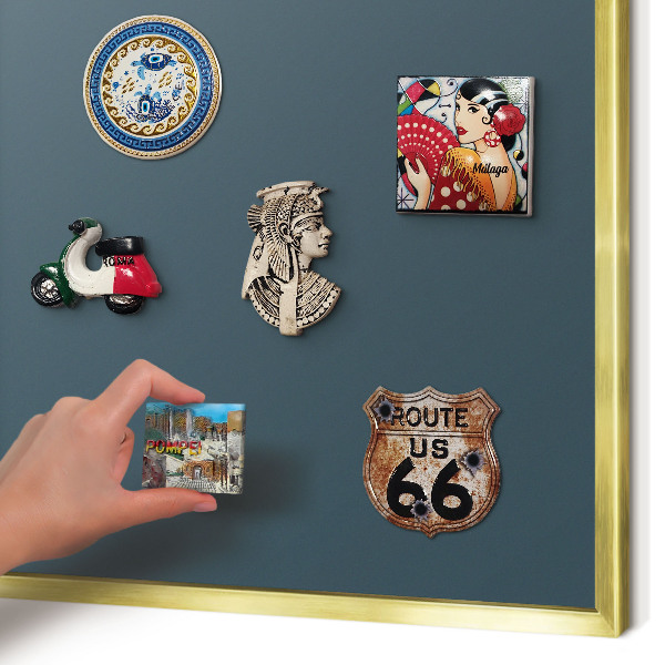 Magnettafel für Urlaubsmagnete in Goldrahmen Türkis