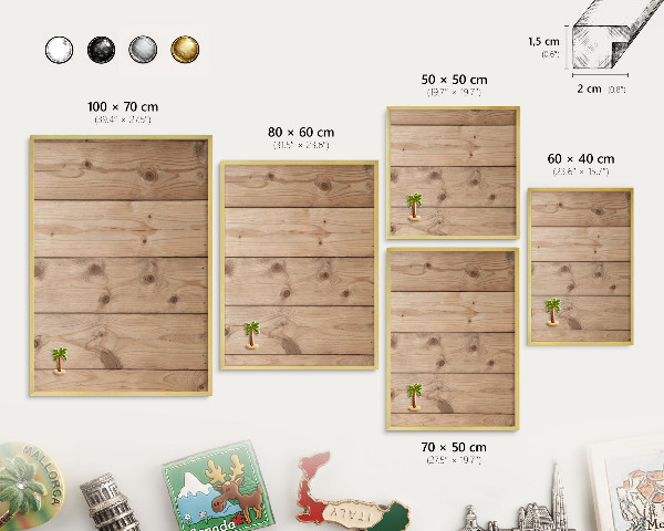 Magnettafel für Urlaubsmagnete in Goldrahmen Holzstruktur