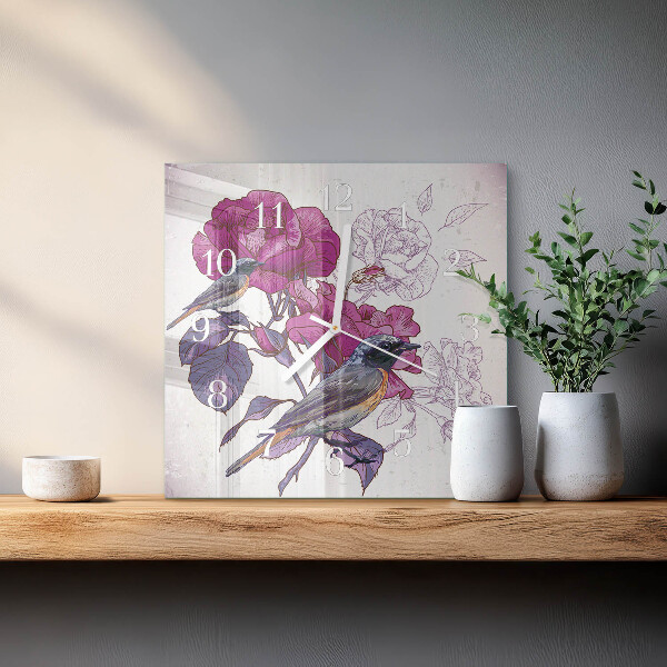 Wanduhr quadratisch Vögel Blumen