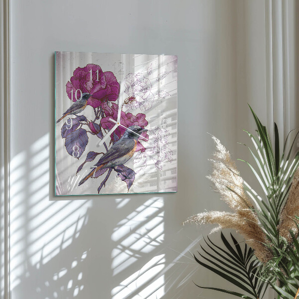 Wanduhr quadratisch Vögel Blumen