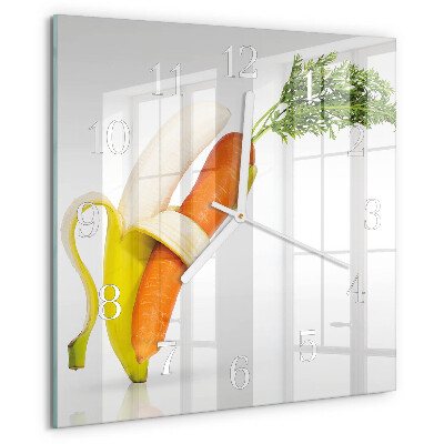 Wanduhr quadratisch Karotten und Bananen