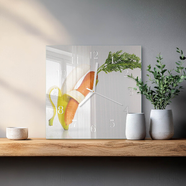 Wanduhr quadratisch Karotten und Bananen