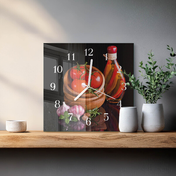 Wanduhr quadratisch Tomaten und Knoblauch