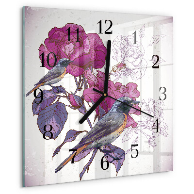 Wanduhr aus glas Vögel Blumen