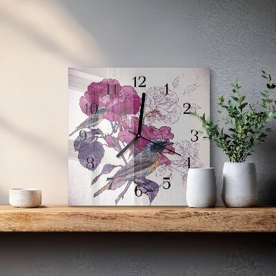 Wanduhr aus glas Vögel Blumen