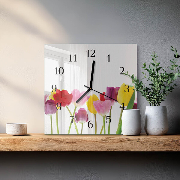 Wanduhr aus glas Bunte Tulpen