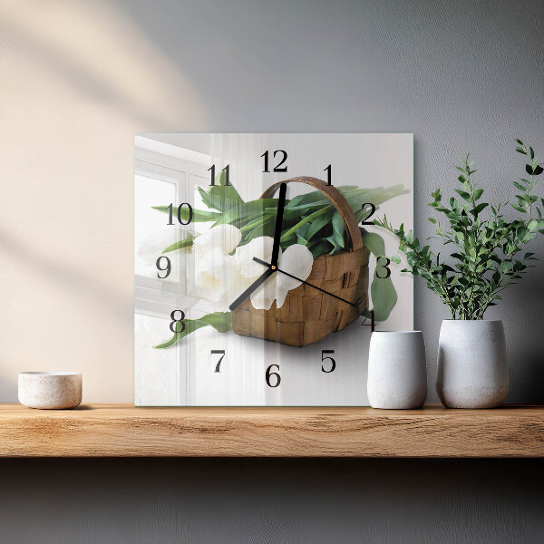 Wanduhr aus glas Korb mit Tulpen