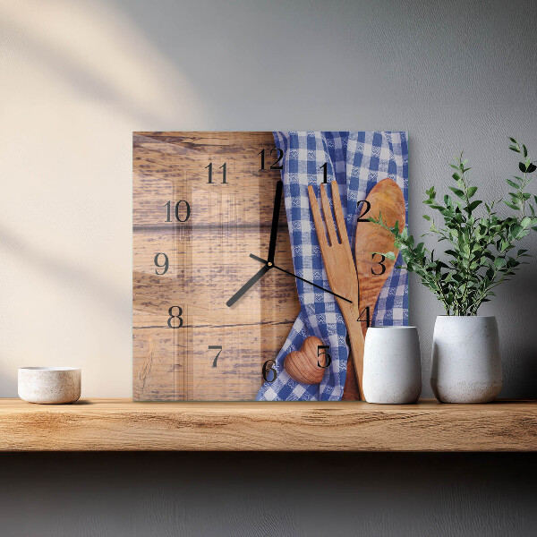 Wanduhr aus glas Holz und Besteck