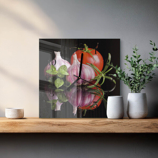Wanduhr aus glas Tomaten-Knoblauch