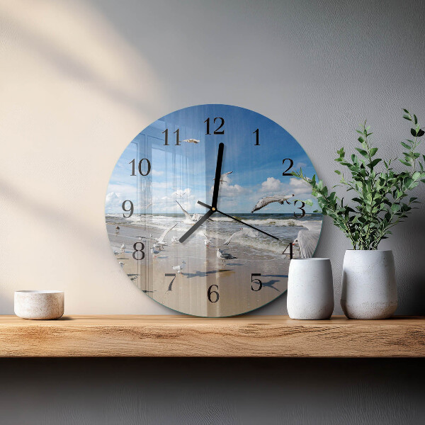 Wanduhr rund Möwen am Strand